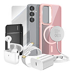 Mayaxess Pack Elite pour Galaxy S25 Coque, Verre, Chargeur, Batterie Externe, Magsafe, Écouteurs Bluetooth (7 pièces) Rose