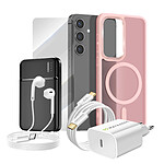 Mayaxess Pack Complet pour Galaxy S24 Coque, Verre, Chargeur, Batterie Externe, Écouteurs (6 pièces) Rose