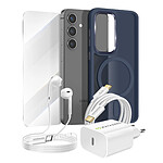 Mayaxess Pack Essentiel pour Galaxy S24 Coque, Verre, Chargeur, Écouteurs (5 pièces) Bleu nuit