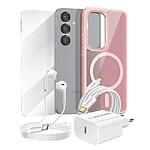 Mayaxess Pack Essentiel pour Galaxy S25 Coque, Verre, Chargeur, Écouteurs (5 pièces) Rose