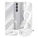 Mayaxess Pack Essentiel pour Galaxy S25 Coque, Verre, Chargeur, Écouteurs (5 pièces) Transparent