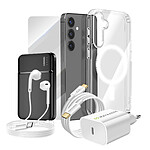 Mayaxess Pack Complet pour Galaxy S24 Coque, Verre, Chargeur, Batterie Externe, Écouteurs (6 pièces) Transparent