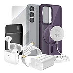 Mayaxess Pack Elite pour Galaxy S25 Coque, Verre, Chargeur, Batterie Externe, Magsafe, Écouteurs Bluetooth (7 pièces) Violet