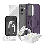 Mayaxess Pack Complet pour Galaxy S24 Coque, Verre, Chargeur, Batterie Externe, Écouteurs (6 pièces) Violet