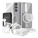 Mayaxess Pack Elite pour Galaxy S25 Coque, Verre, Chargeur, Batterie Externe, Magsafe, Écouteurs Bluetooth (7 pièces) Gris