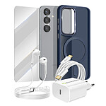 Mayaxess Pack Essentiel pour Galaxy S25 Coque, Verre, Chargeur, Écouteurs (5 pièces) Bleu nuit