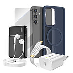 Mayaxess Pack Complet pour Galaxy S24 Coque, Verre, Chargeur, Batterie Externe, Écouteurs (6 pièces) Bleu nuit
