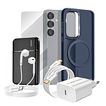 Mayaxess Pack Complet pour Galaxy S25 Coque, Verre, Chargeur, Batterie Externe, Écouteurs (6 pièces) Bleu nuit
