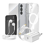 Mayaxess Pack Complet pour Galaxy S25 Coque, Verre, Chargeur, Batterie Externe, Écouteurs (6 pièces) Transparent
