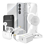 Mayaxess Pack Elite pour Galaxy S25 Coque, Verre, Chargeur, Batterie Externe, Magsafe, Écouteurs Bluetooth (7 pièces) Transparent