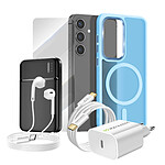 Mayaxess Pack Complet pour Galaxy S24 Coque, Verre, Chargeur, Batterie Externe, Écouteurs (6 pièces) Bleu clair