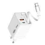 LinQ Chargeur Secteur PPS de 50W avec Câble Rétractable / Ports USB-C / USB-A Blanc