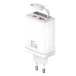 Usams Chargeur GaN 65W 2 Ports USB PD et PPS avec Câble Rétractable USB-C Rapide Blanc
