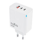Maxlife Chargeur Secteur GaN 65W PD avec 2 USB-C 65W et 1 USB-A 36W Ultra-Rapide Blanc