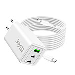 Jaym Chargeur Secteur GaN 100W Universel 3 Ports avec Câble USB-C 2m Blanc