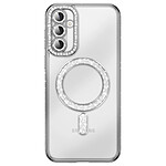 Coque Diamant pour Galaxy S26 avec Anneau Magnétique et Contour Strassé Argent Coque Diamant pour Galaxy S26 avec Anneau Magnétique et Contour Strassé Argent