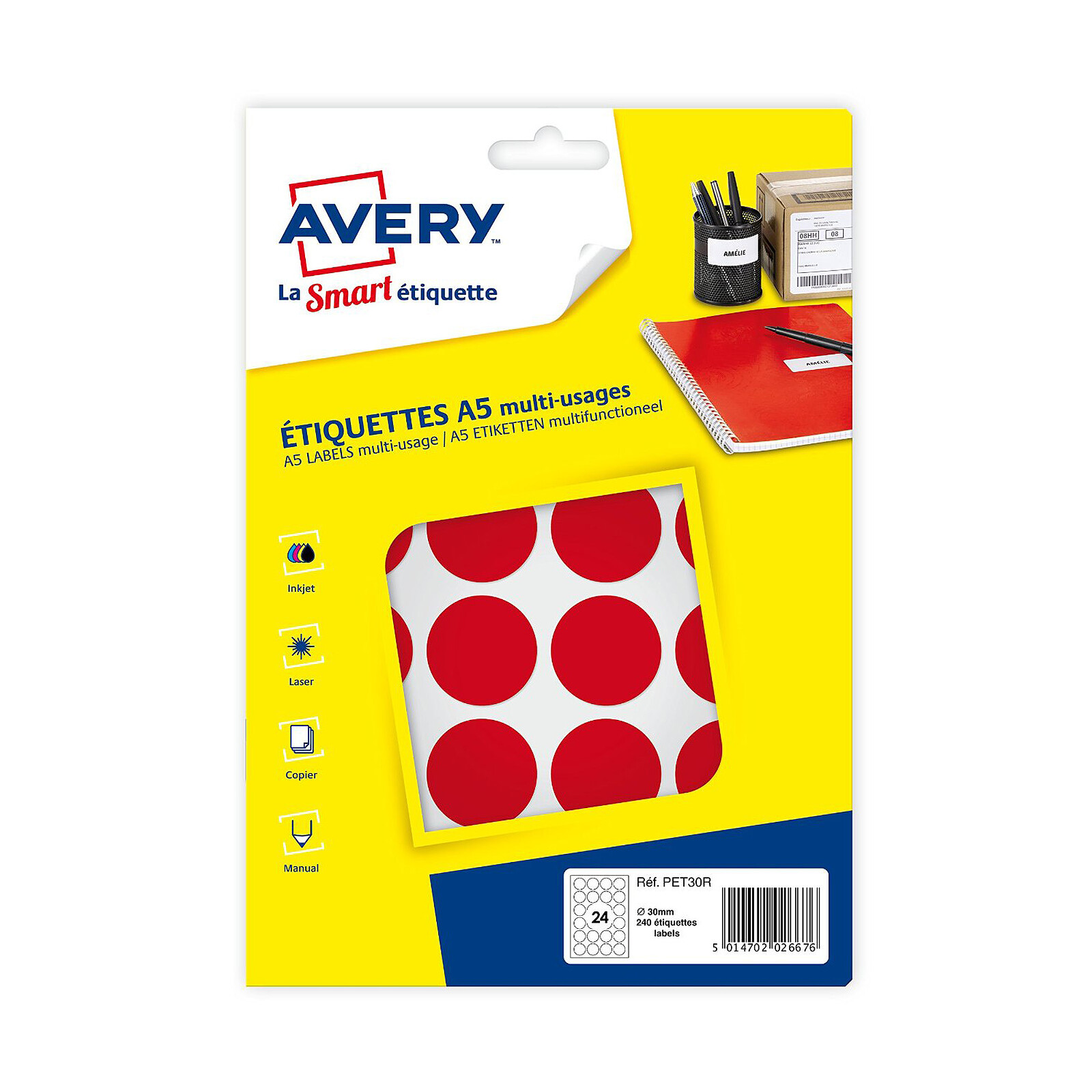 Avery Pastilles autocollantes diamètre 30 mm Rouge x 240