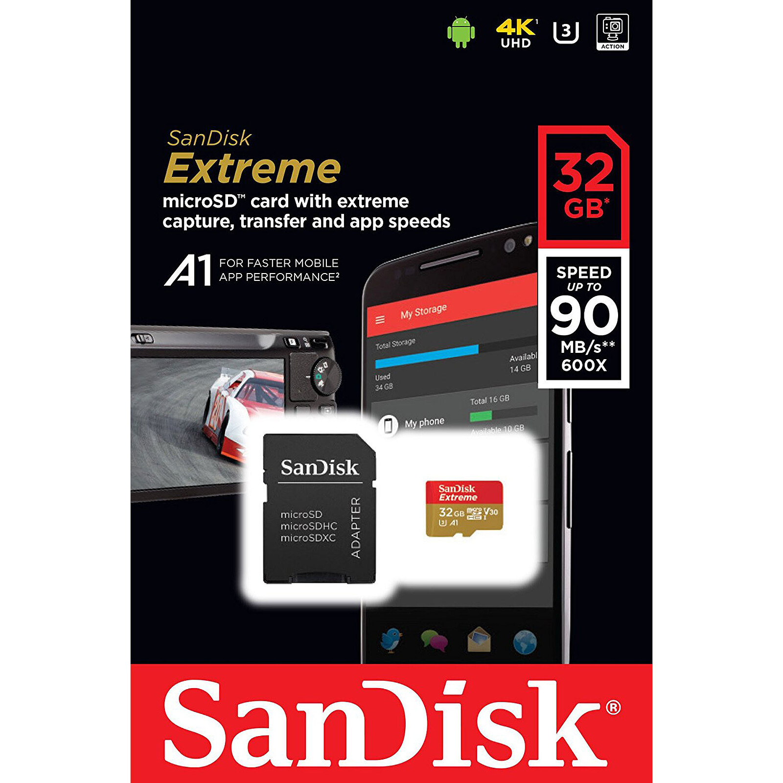 SanDisk Extreme microSDHC UHS-I U3 V30 32 Go + Adaptateur SD