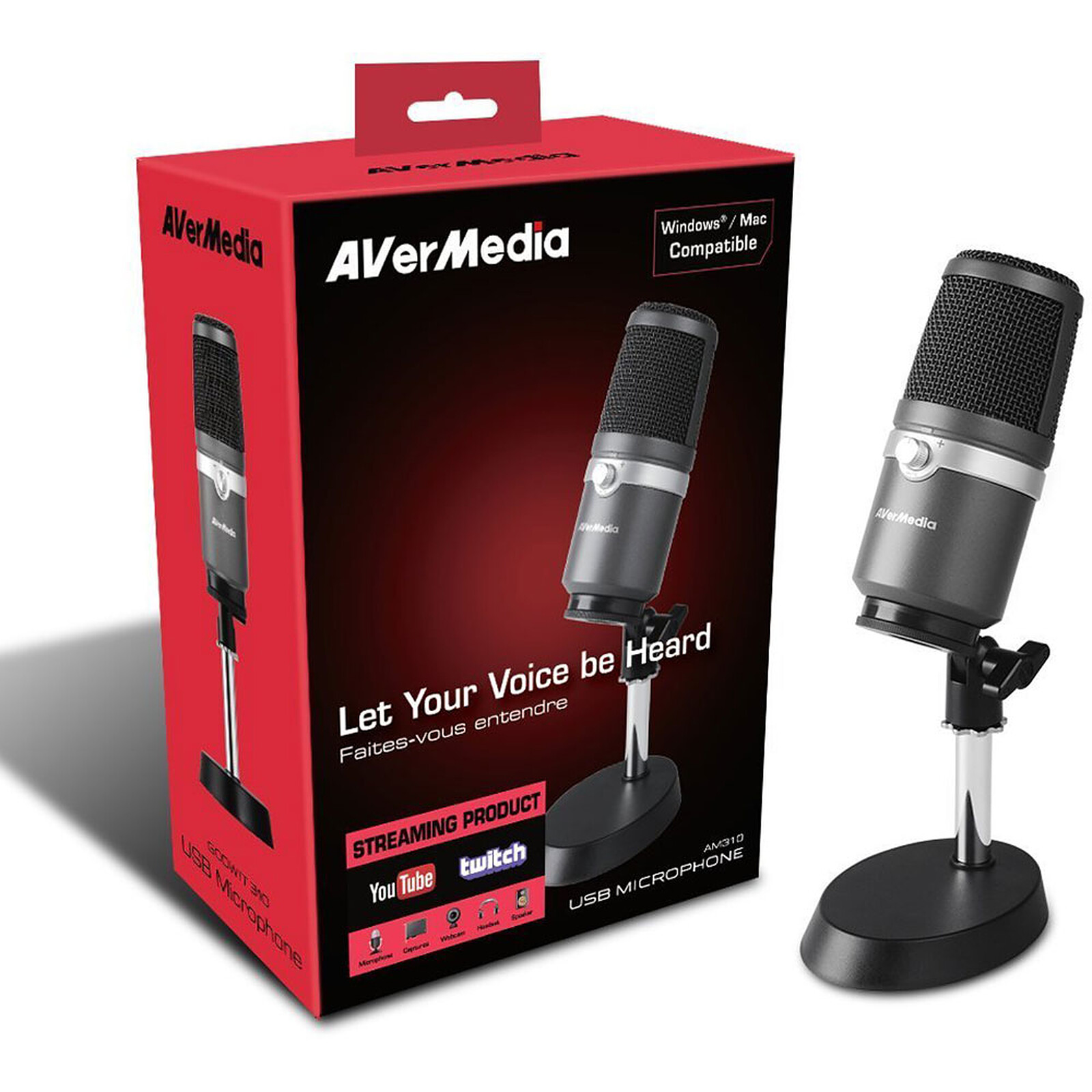 AVerMedia USB Microphone AM310 sans latence Micro cardioïde USB haute qualité parfait pour le streaming avec retour audio du PC écoutez votre voix en temps réel Micro YouTube & Twitch