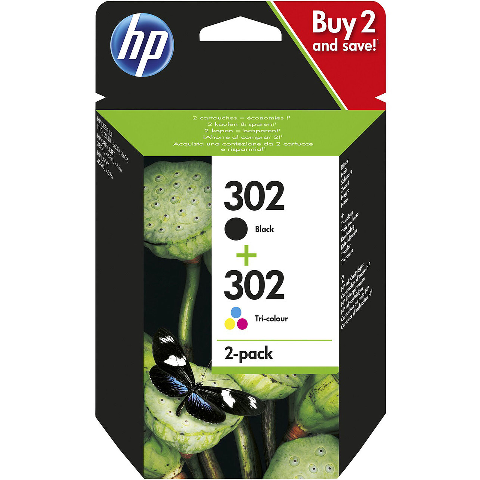 HP 302 Pack combo de 2 (X4D37AE) - Noir/3 couleurs - Cartouche