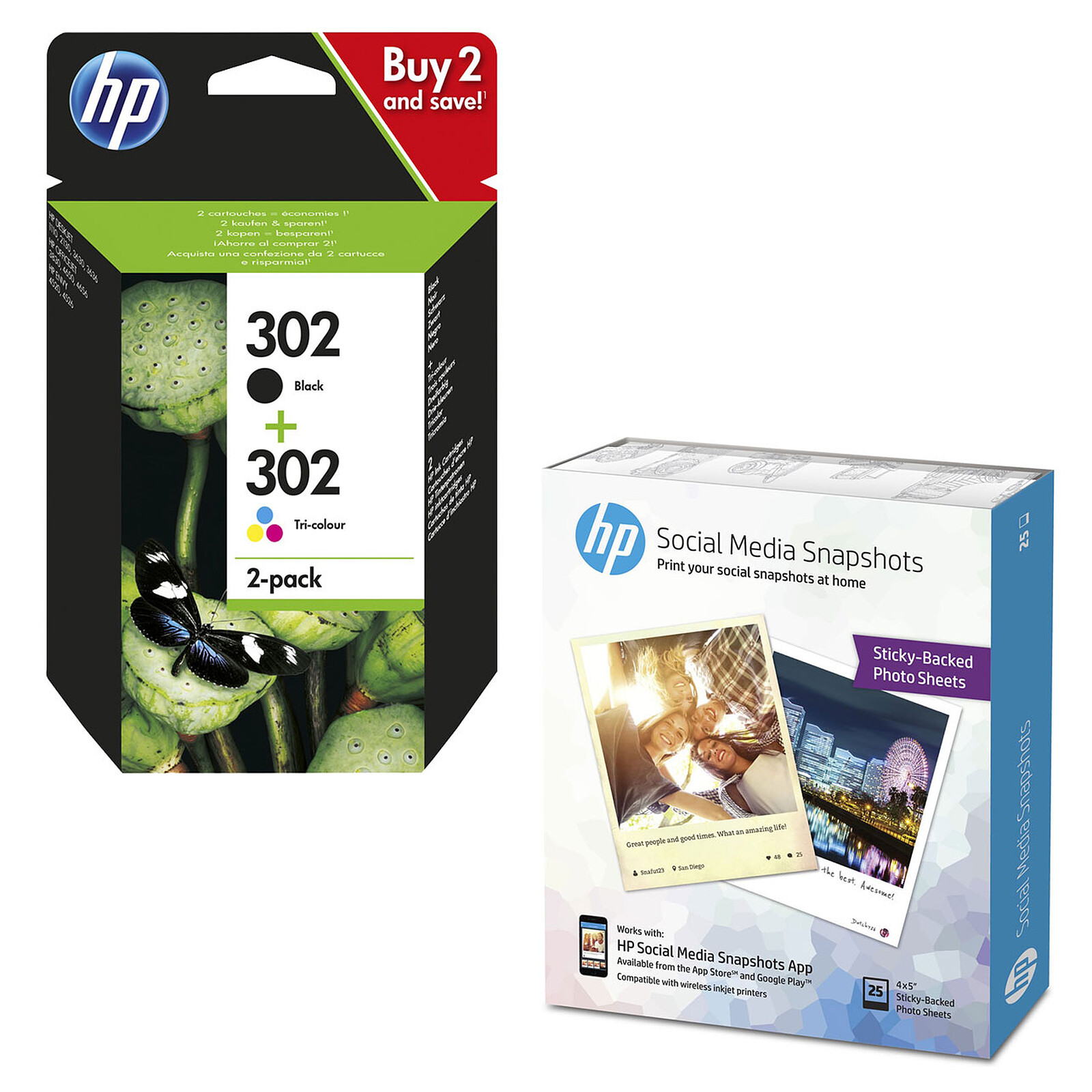HP 302 Combo 3 couleurs / noir - X4D37AE + Papier photo W2G60A - Cartouche  imprimante - LDLC
