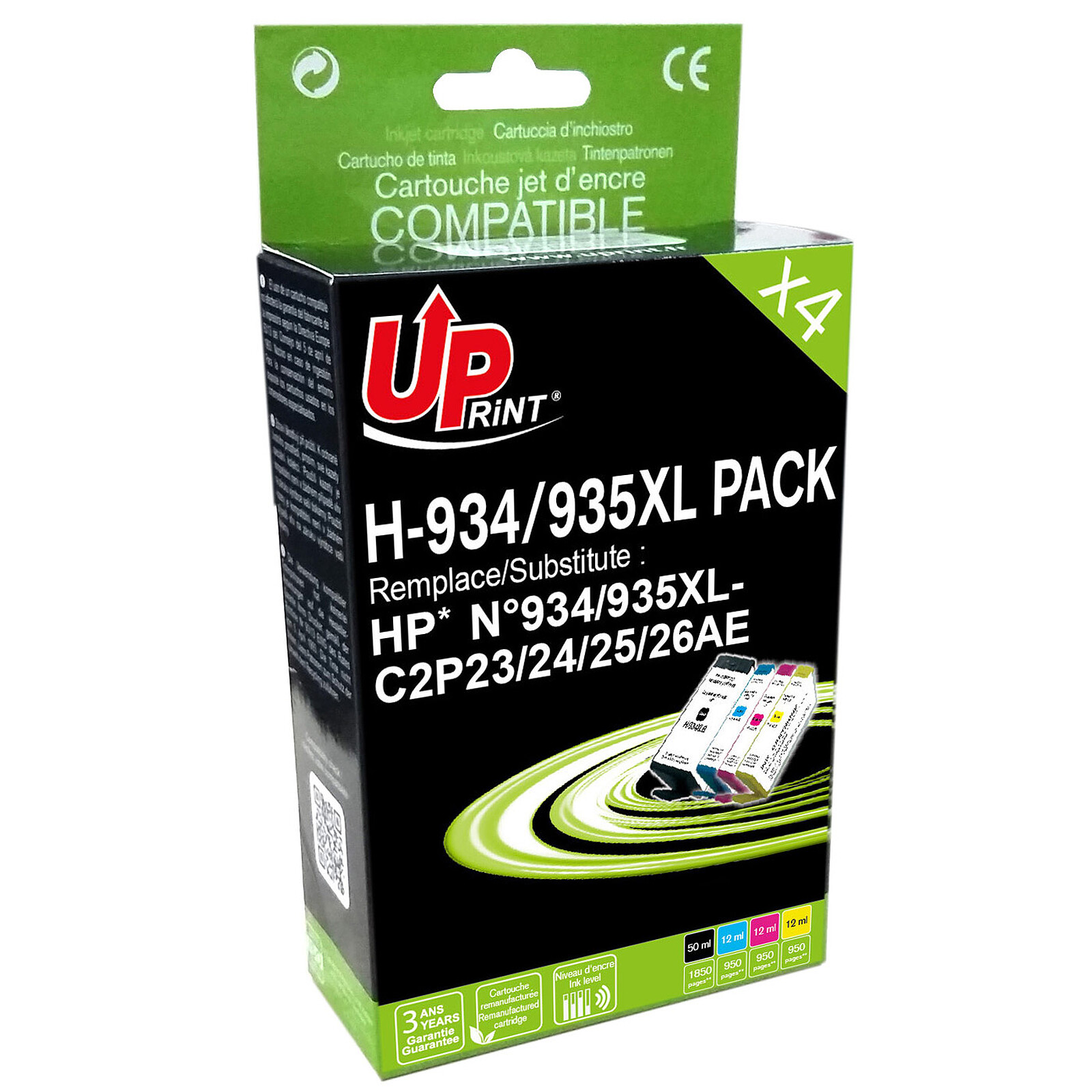 Uprint UP-H-903XL PACK, Pack de 4 cartouches d'encre Uprint compatible HP  903XL (903XL) Noir et Couleur.