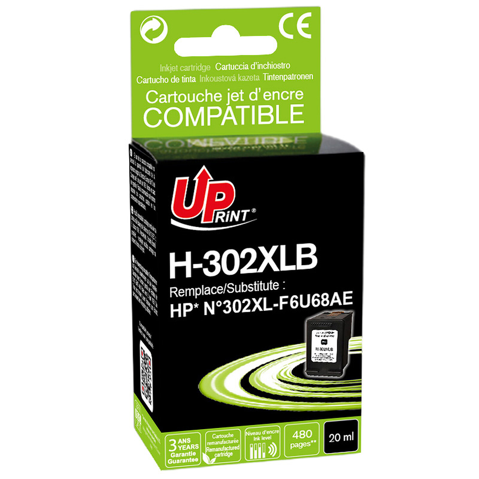 HP 302XL Noir, cartouche encre compatible F6U68AE.