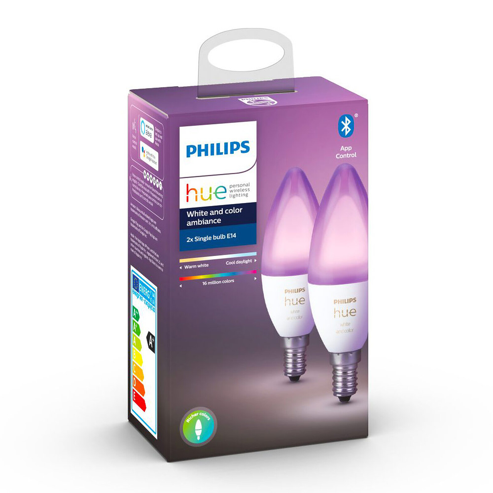 Philips Hue Pack de 2 ampoules connectées White Ambiance flamme E14 Fonctionne avec Alexa 