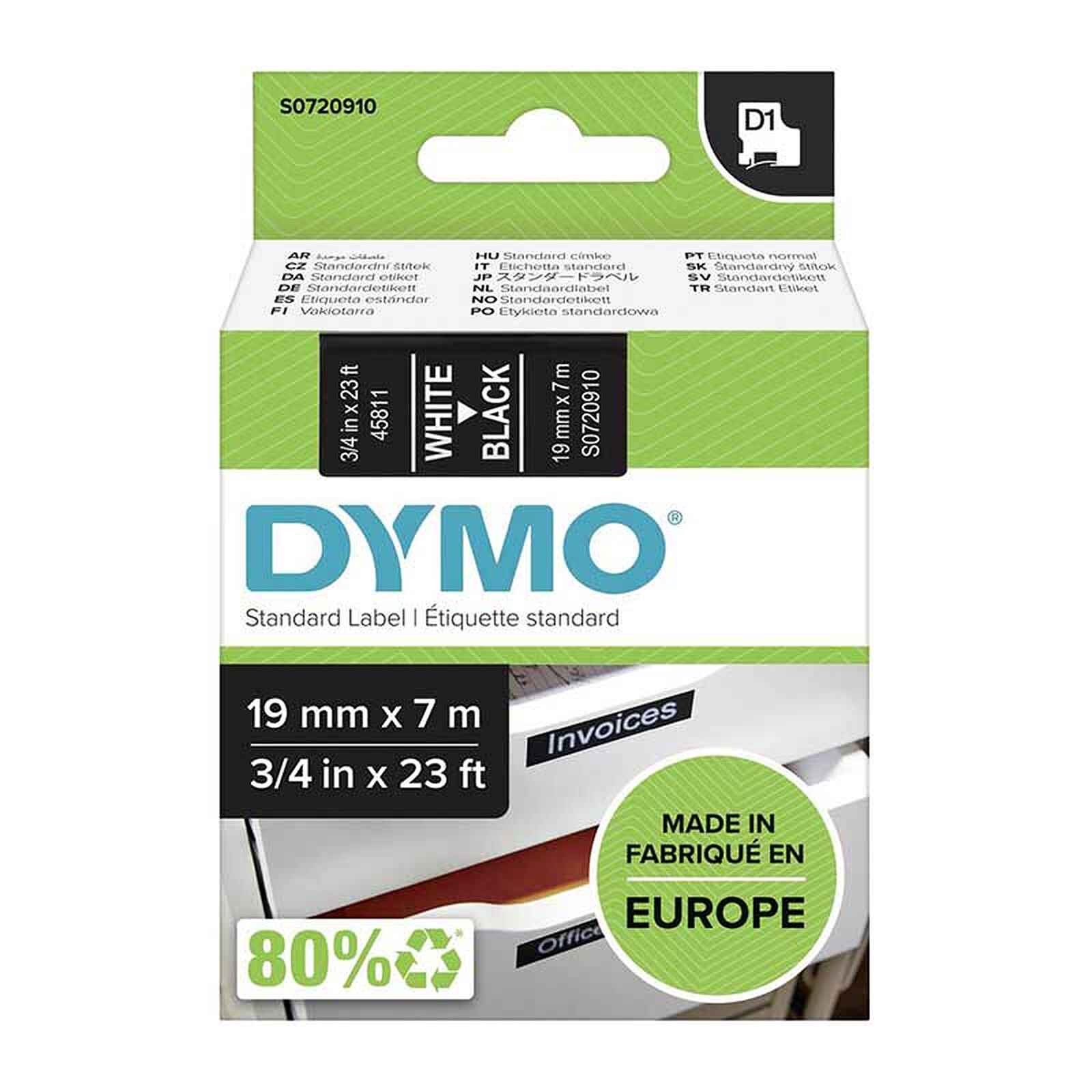 DYMO Ruban D1 Standard - blanc sur noir 19 mm x 7 m - Ruban titreuse - LDLC
