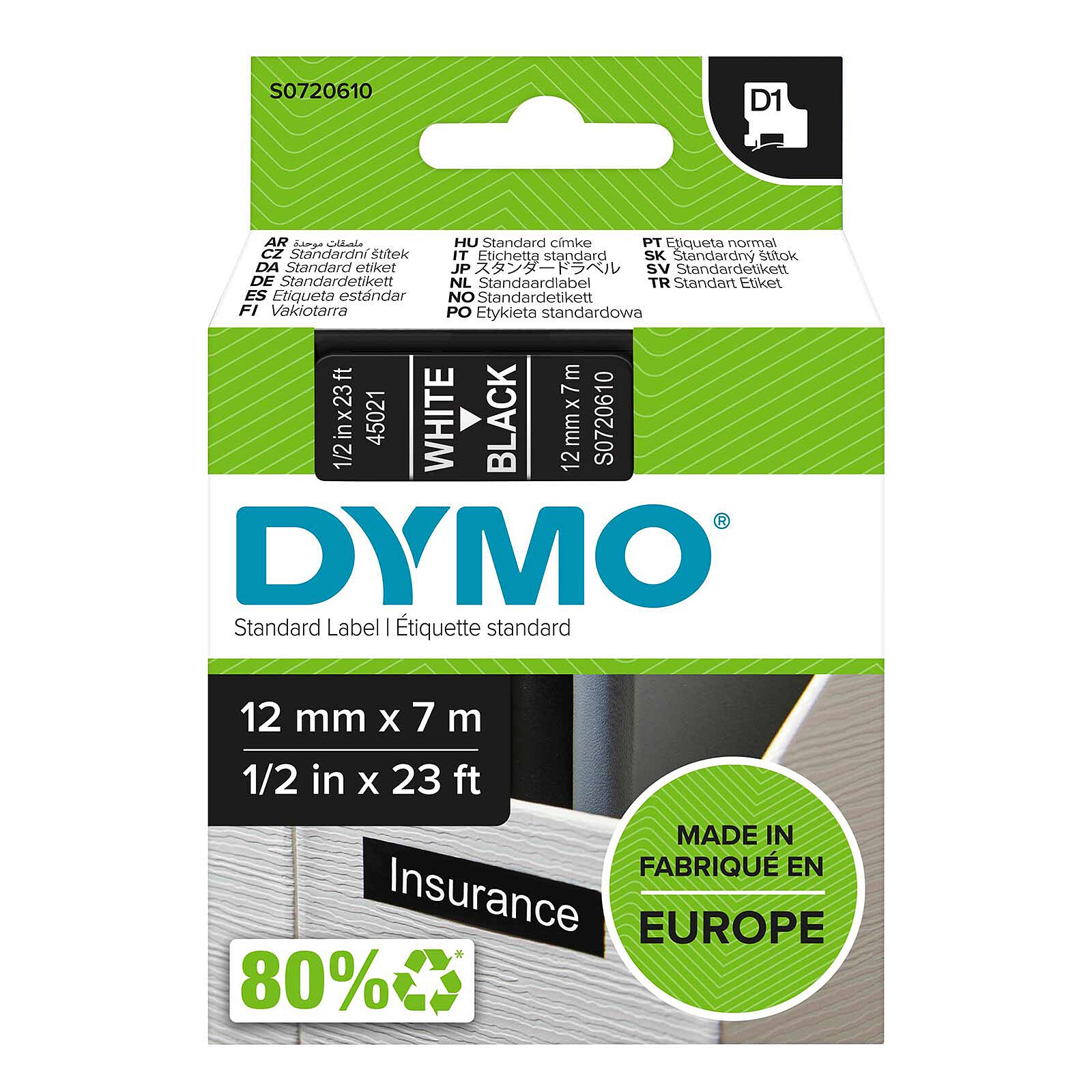 ECS Ruban détiquettes de Rechange pour Dymo D1 45010 1/2 Noir sur Transparent 12mm 