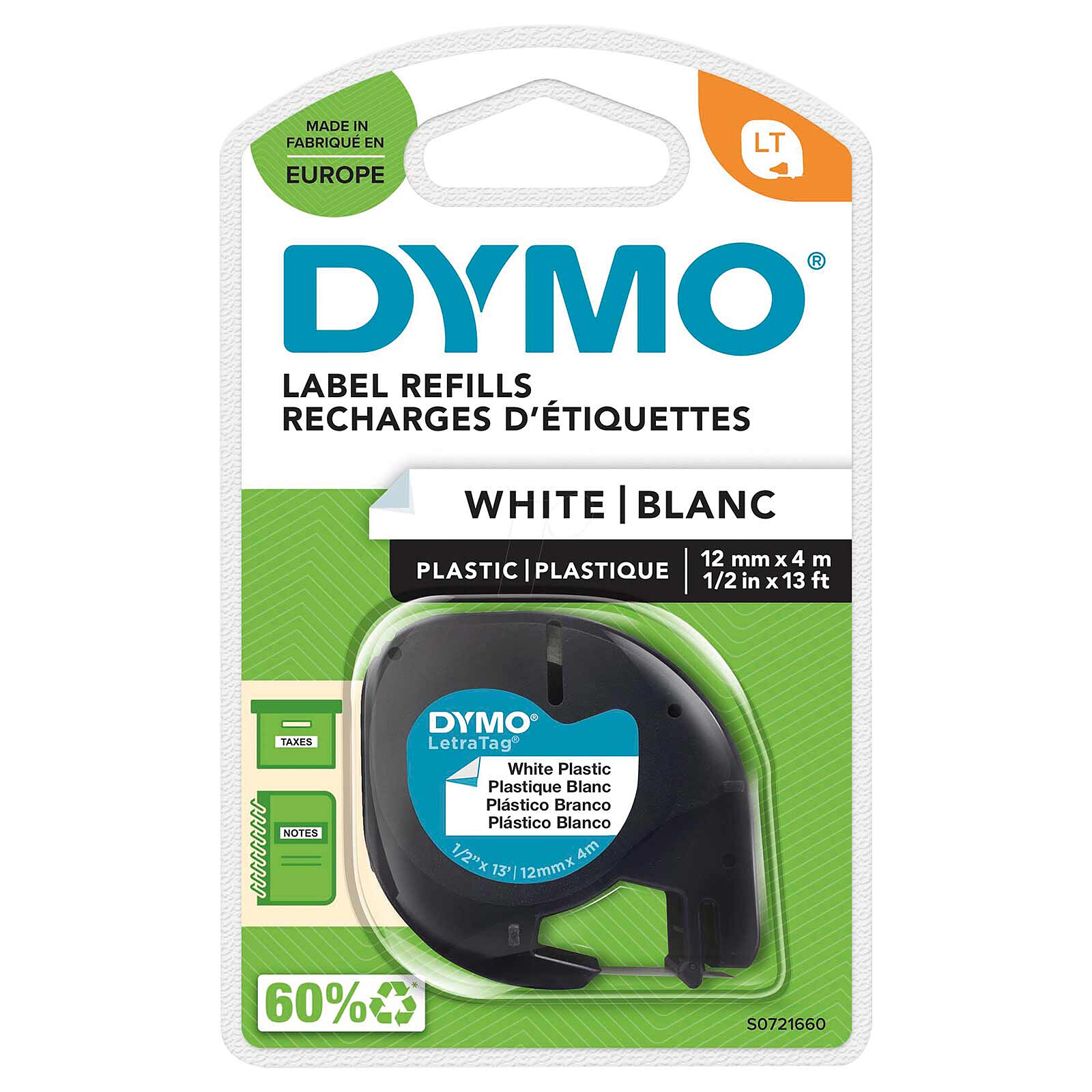 DYMO LetraTAG Ruban d'Étiquettes Plastiques Noir sur Blanc - Ruban