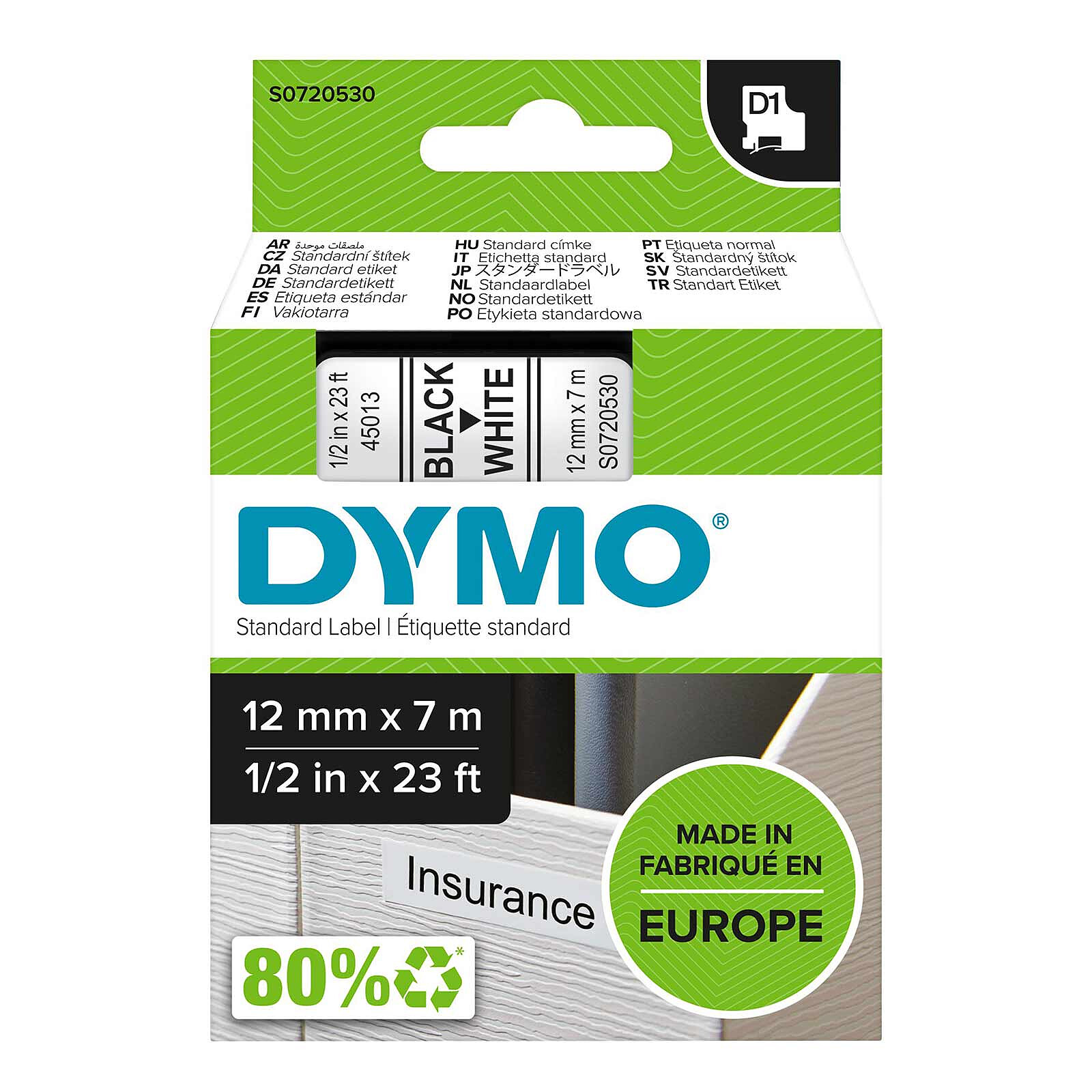 DYMO Ruban D1 Standard blanc sur noir 12 mm x 7 m - Ruban titreuse