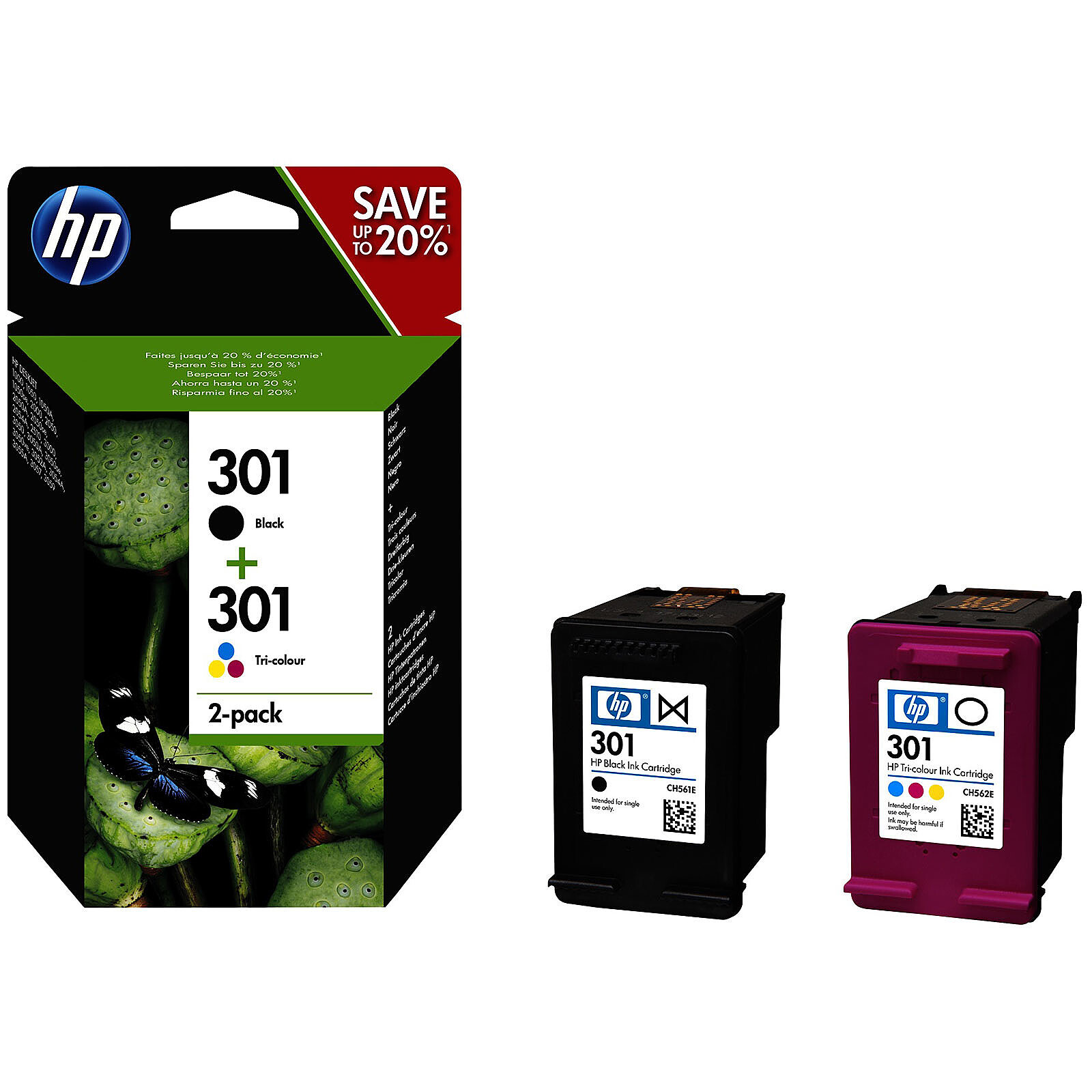 Pack de 2 cartouche compatible HP 301XL Sans niveau d'encre Noir + C