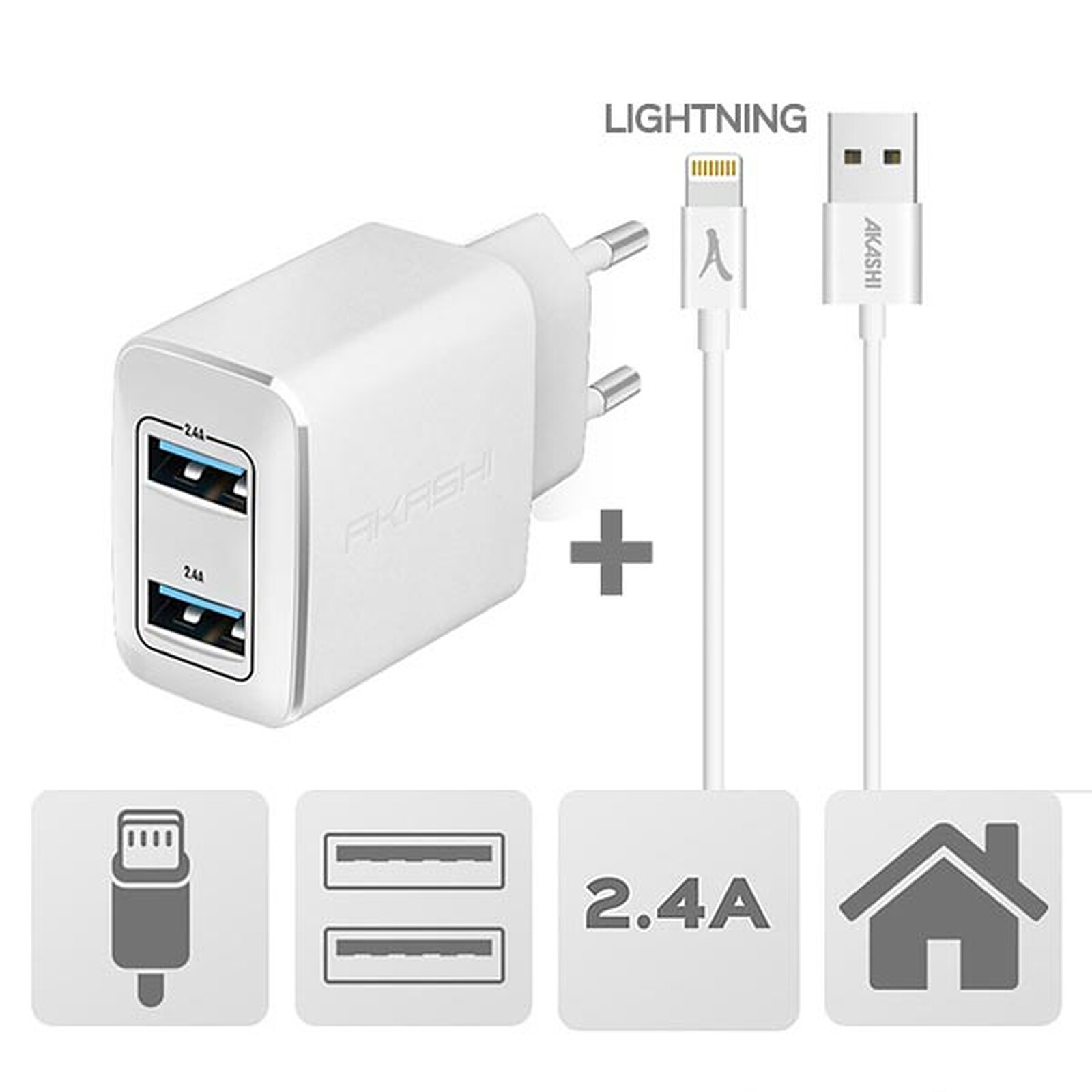 Akashi Chargeur Secteur 2.4A 2xUSB + Câble Lightning - USB