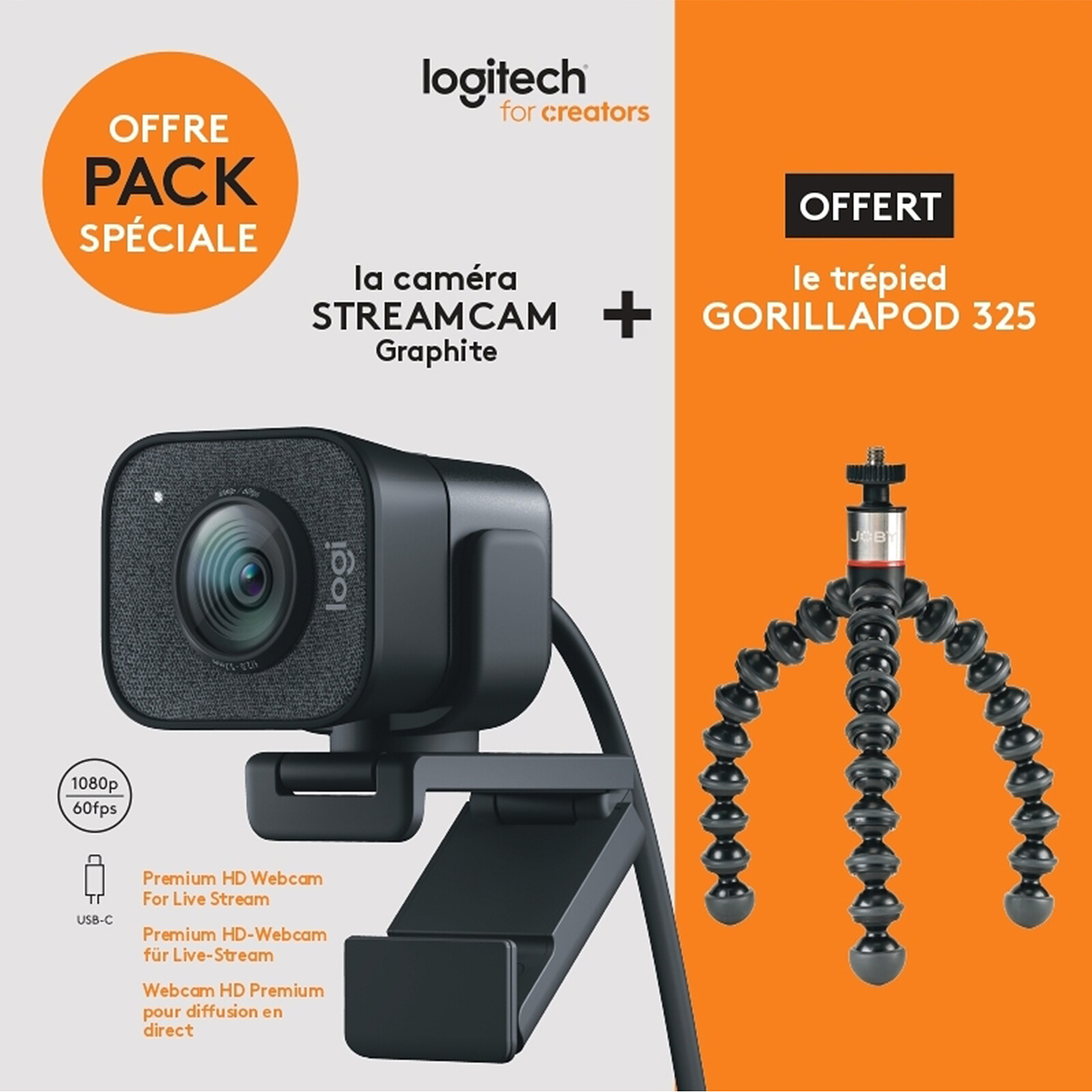 Logitech StreamCam + GorillaPod (Noir) OFFERT ! - Webcam - Garantie 3 ans  LDLC