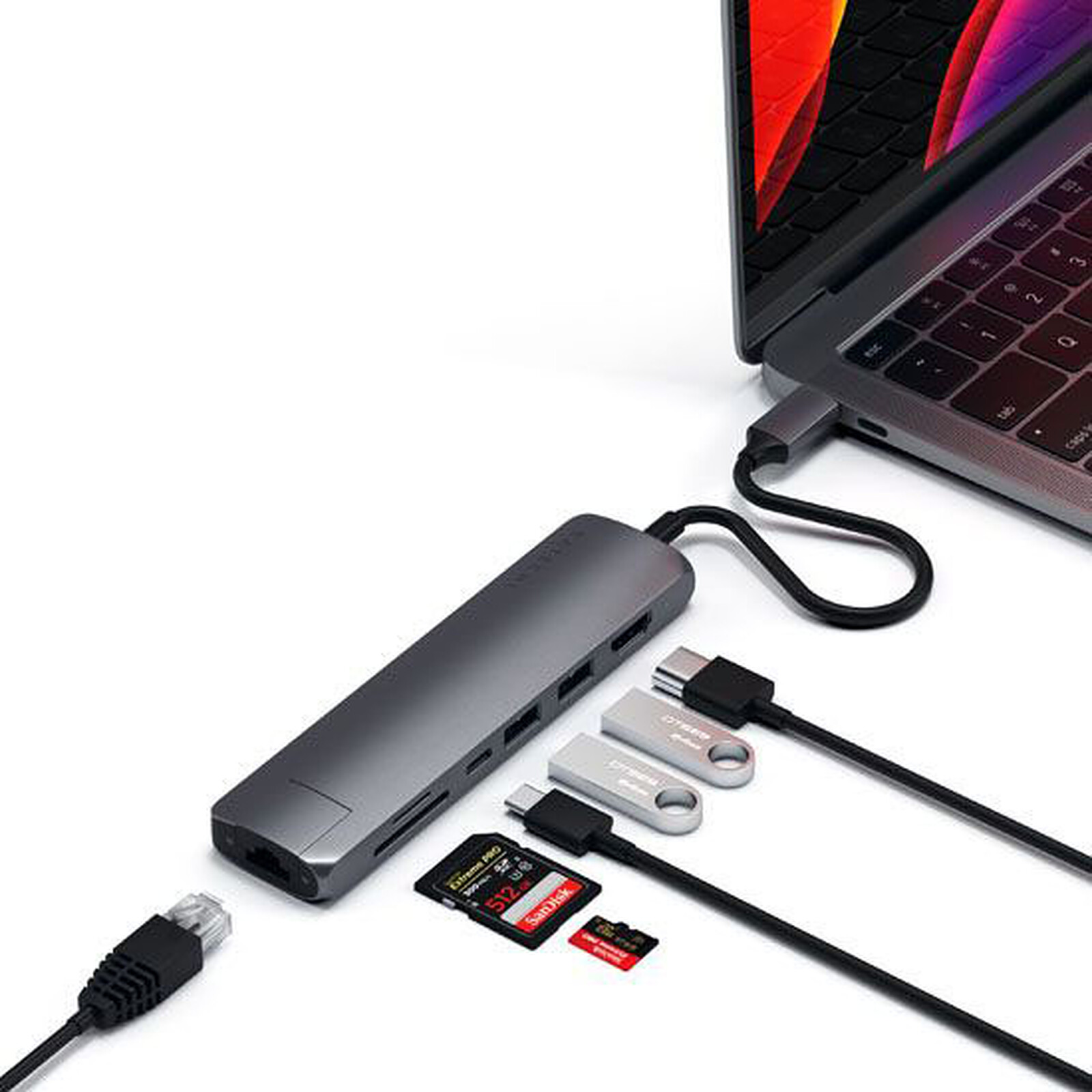 Satechi Hub pour MacBook double USB C vers USB-C PD, Ethernet, 2 USB + USB-C,  Jack Hub Pro Mini Gris sidéral - Câble & Adaptateur - LDLC