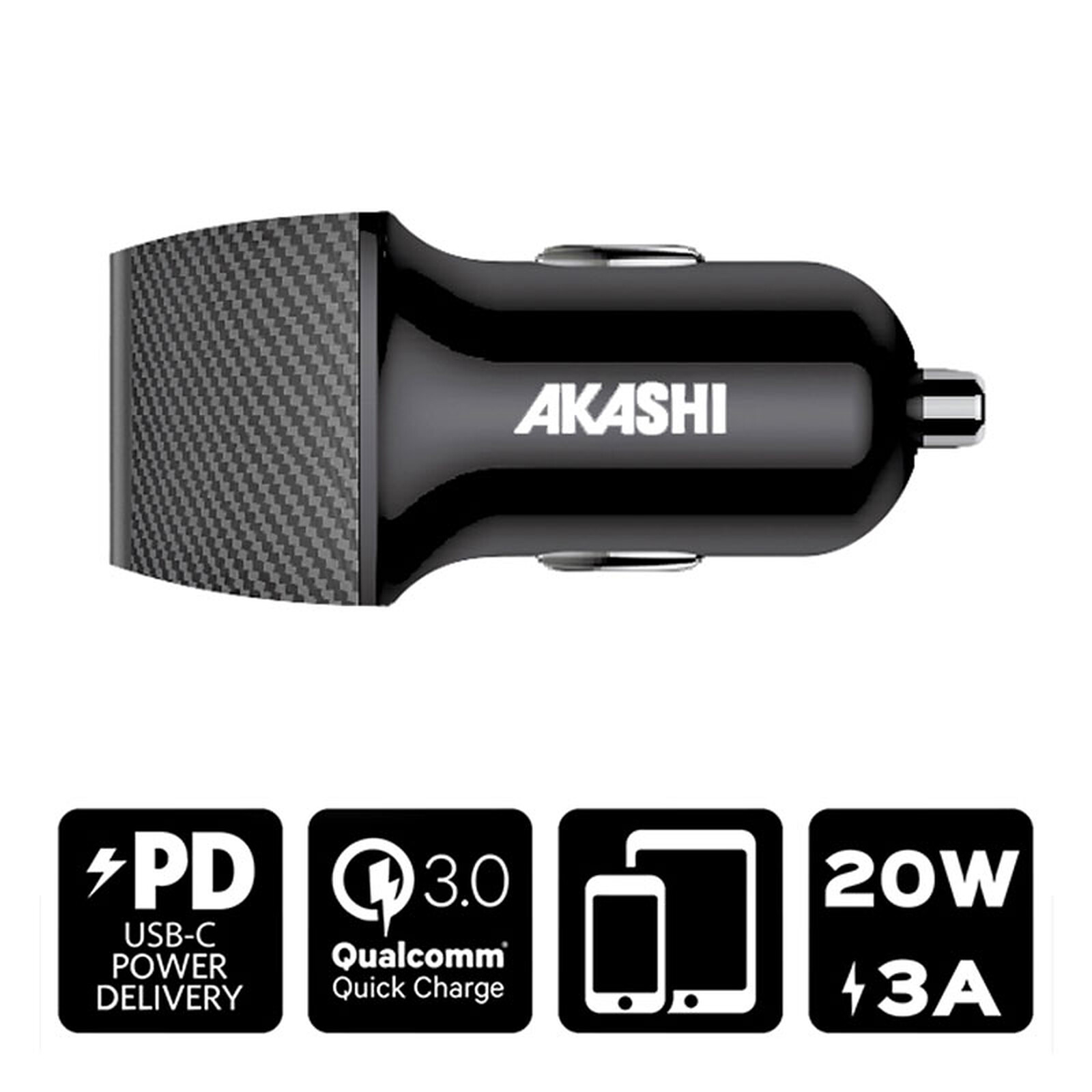 Cargador de mechero Akashi Turbo USB-C 18W + USB-A Quick Charge 3.0 -  Cargador de teléfono - LDLC