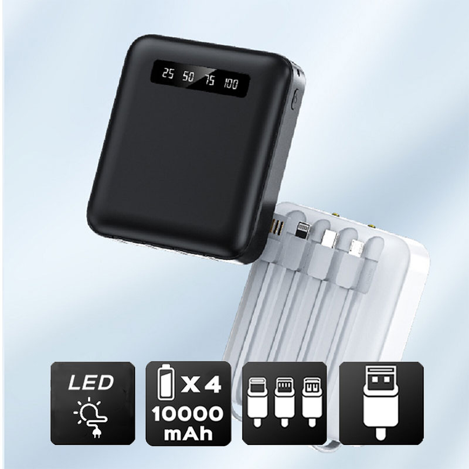 Avizar Batterie Externe Noire Universelle 12800mAh avec Câbles intégrés  USB-C, micro USB et Apple Lightning - Batterie externe - LDLC
