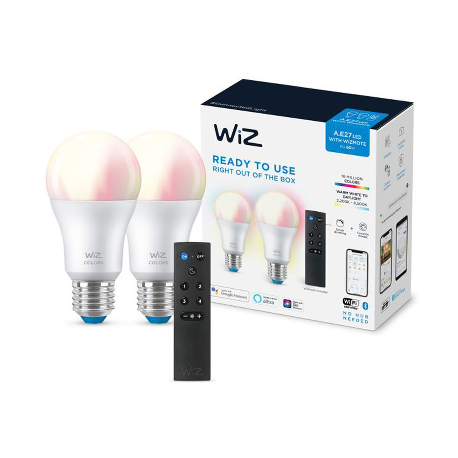 WiZ Pack Wizmote + 2x lampadine LED RGB/Bianco collegate 8 W (eq. 60 W) A60  E27 - Lampadina smart - Garanzia 3 anni LDLC