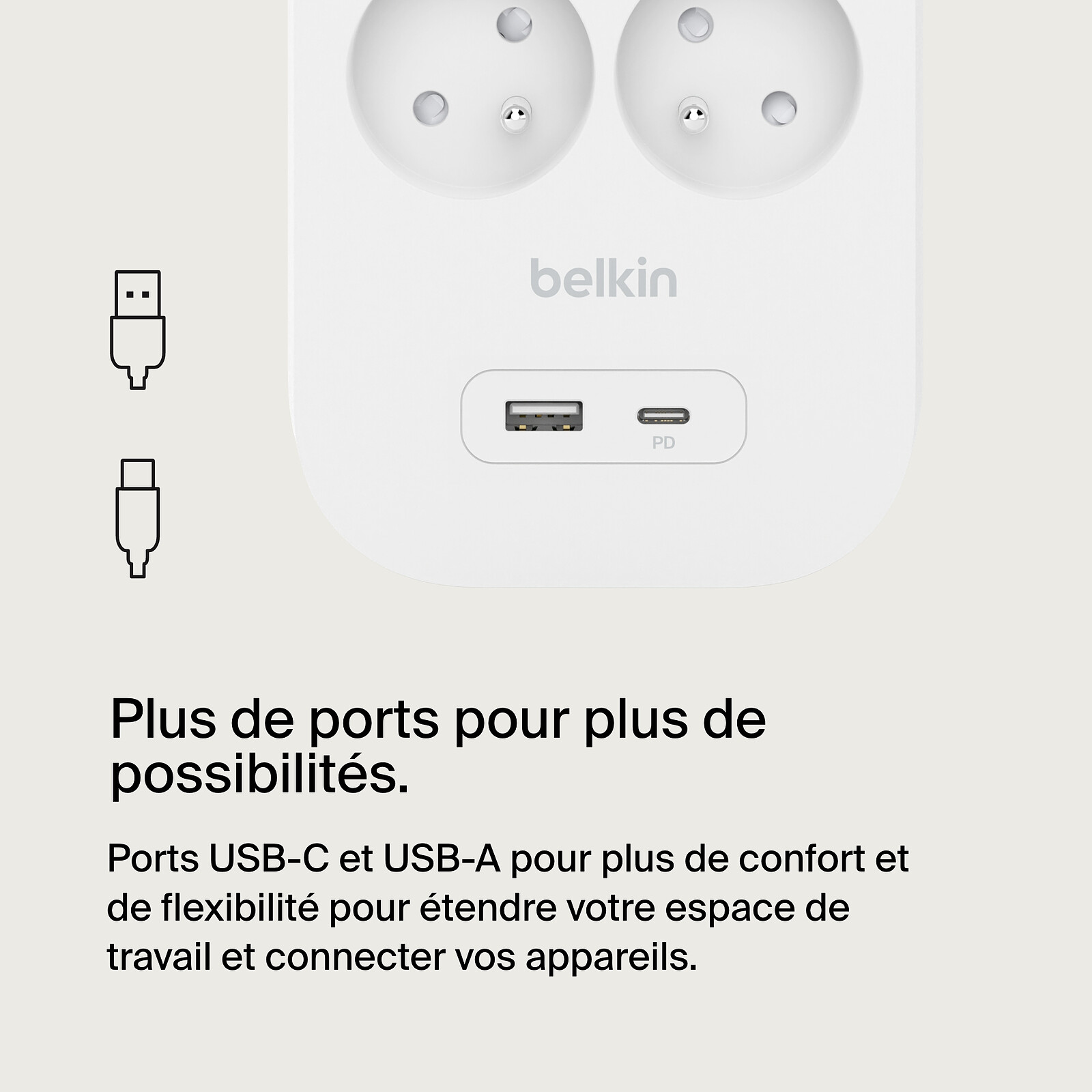 Belkin Multiprise USB avec Protection Contre Les surtensions à 6 Prises CA,  Montage Mural, câble de 2 m, indicateur d'état LED, 1 Port USB-A et 1 Port