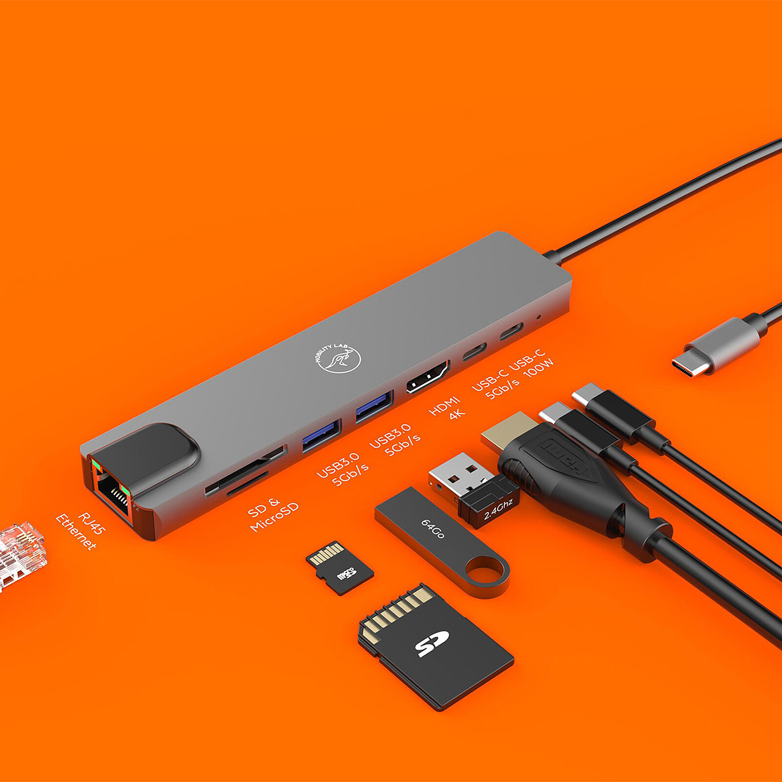 Hub USB-C vers HDMI 4K / 3 USB-A -/1 USB-C + 2 lecteurs