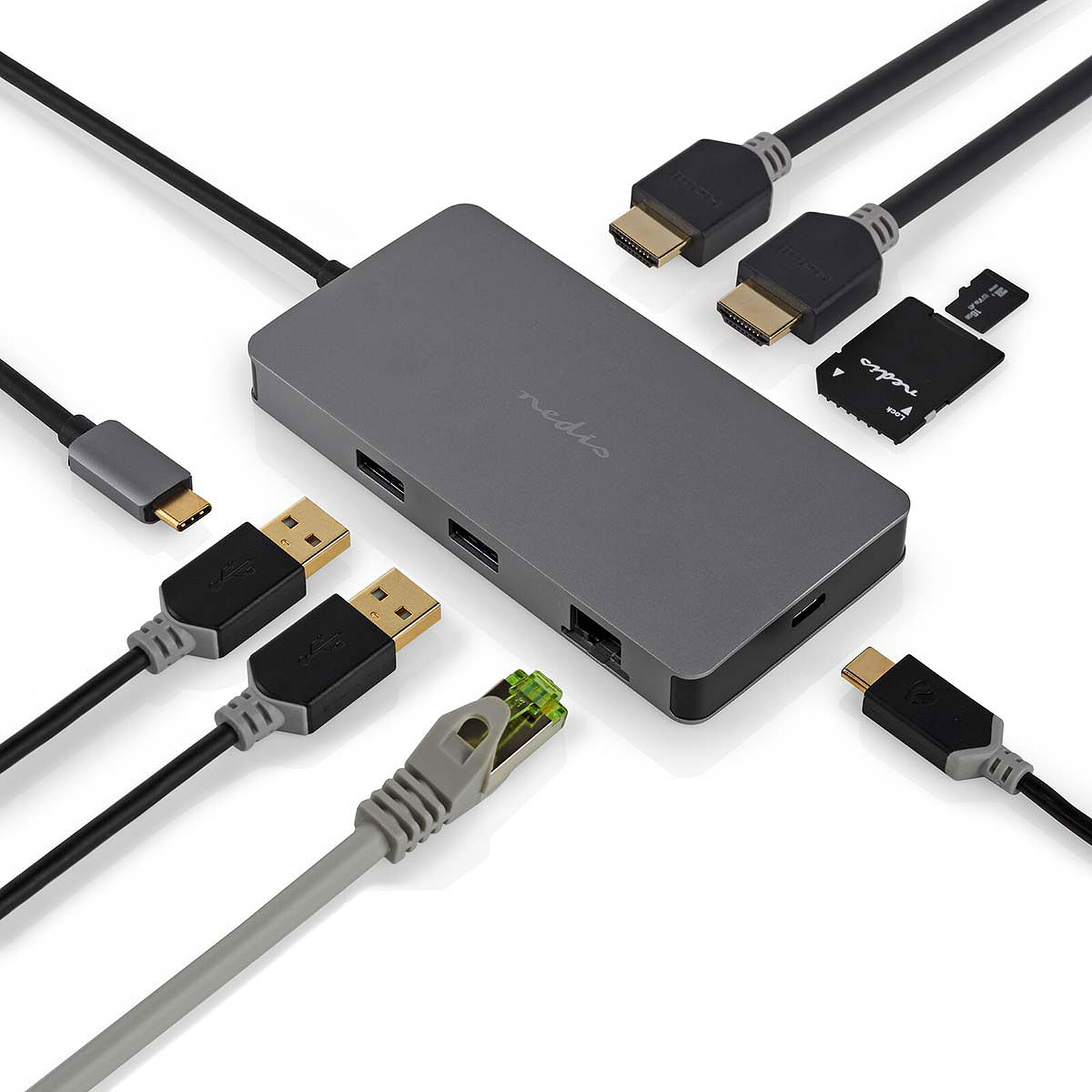 Adaptateur USB-C 7 en 1 HDMI Ethernet RJ45 Carte SD Micro SD 2 x