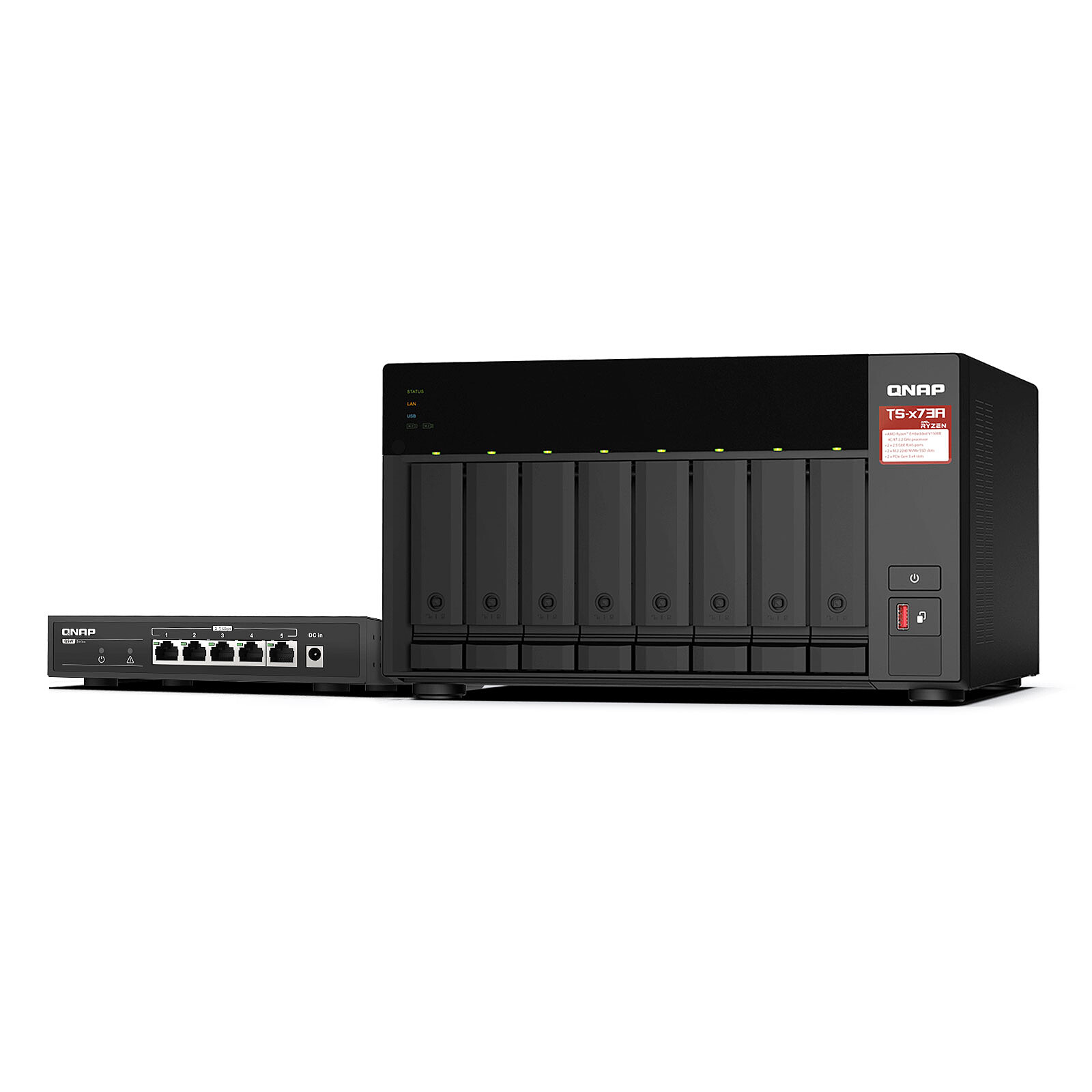 thumbnail interactive-video image 1 of QNAP TS-873A 8-Bay NAS Tower - AMD Ryzen V1500B, 2.5GbE, Dual M.2 NVMe Slots, 8GB RAM 1 of 2