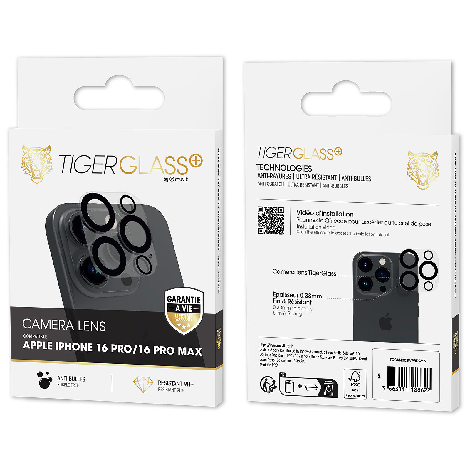 Protecteurs D'objectif IPhone 16 Pro/Pro Max - Lot De 3, Verre Trempé Avec Anneau Métallique - Noir Brique