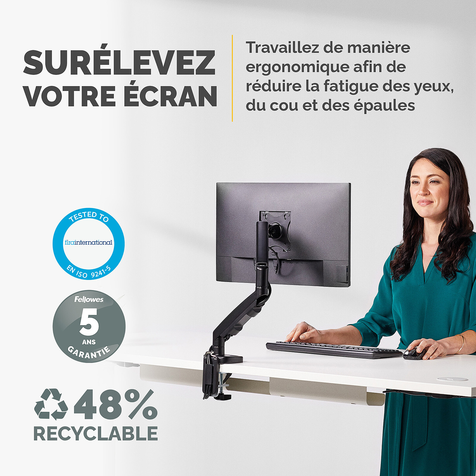 Support D’écran Fellowes Everyday - Noir - Réglable 5/7/10 Cm - Support Jusqu’à 27 Kg - Gestion Câbles Intégrée