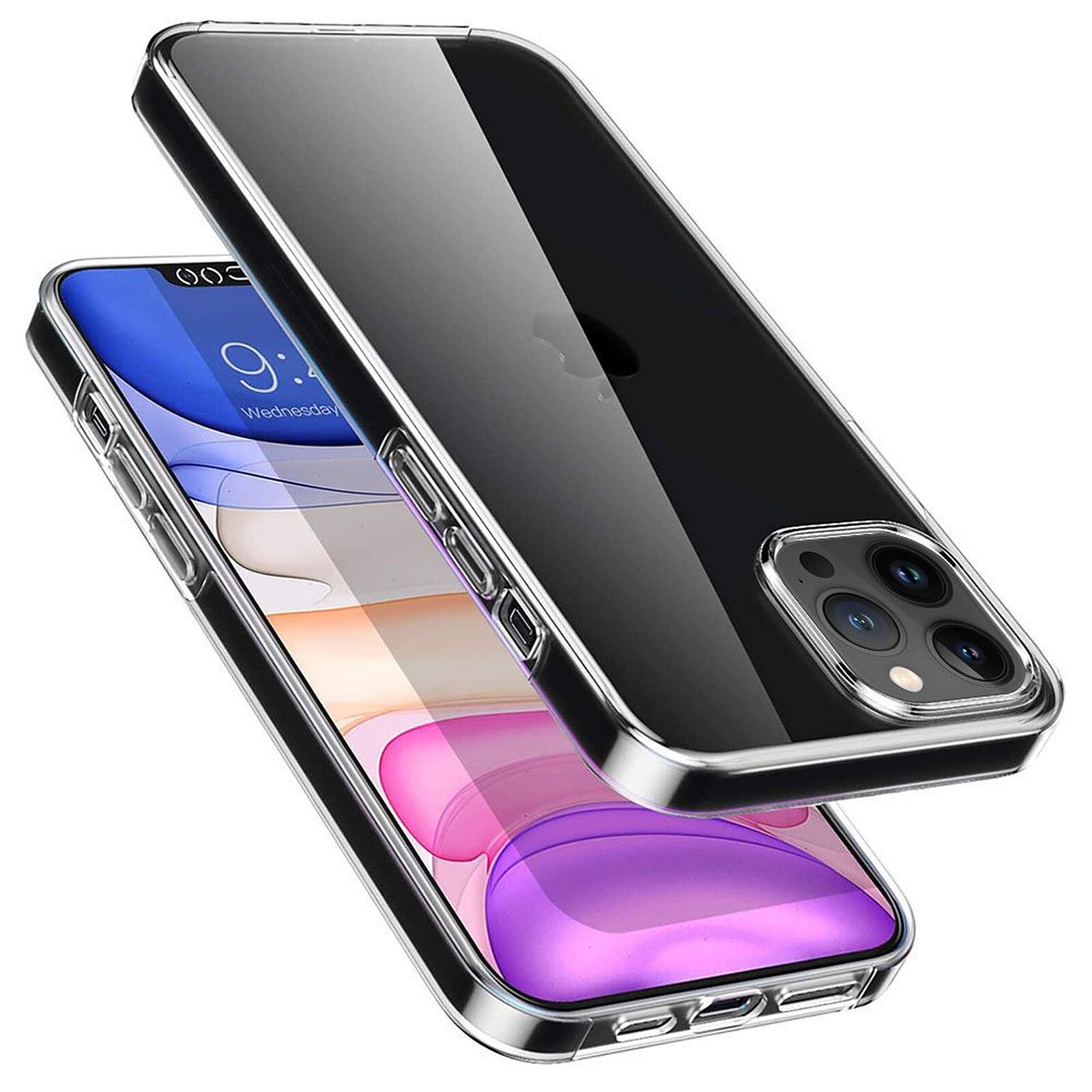 Coque intégrale 360° iPhone 13 Pro Max Antichoc, Dos rigide Transparent et  contour Silicone - Noir - Français