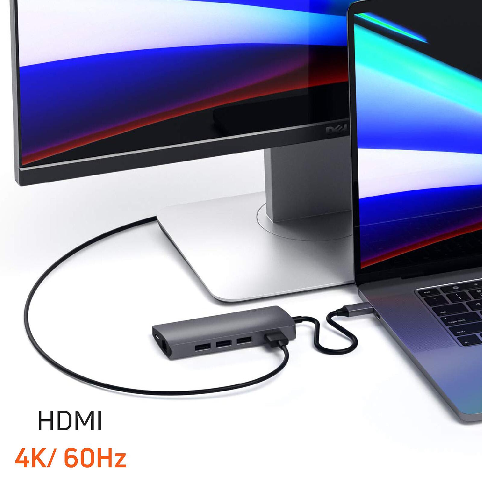 Satechi Hub USB C vers HDMI 4K + Ethernet + 3 USB + USB C 60W + Lecteur  carte SD / micro-SD Carte V2 Gris sidéral