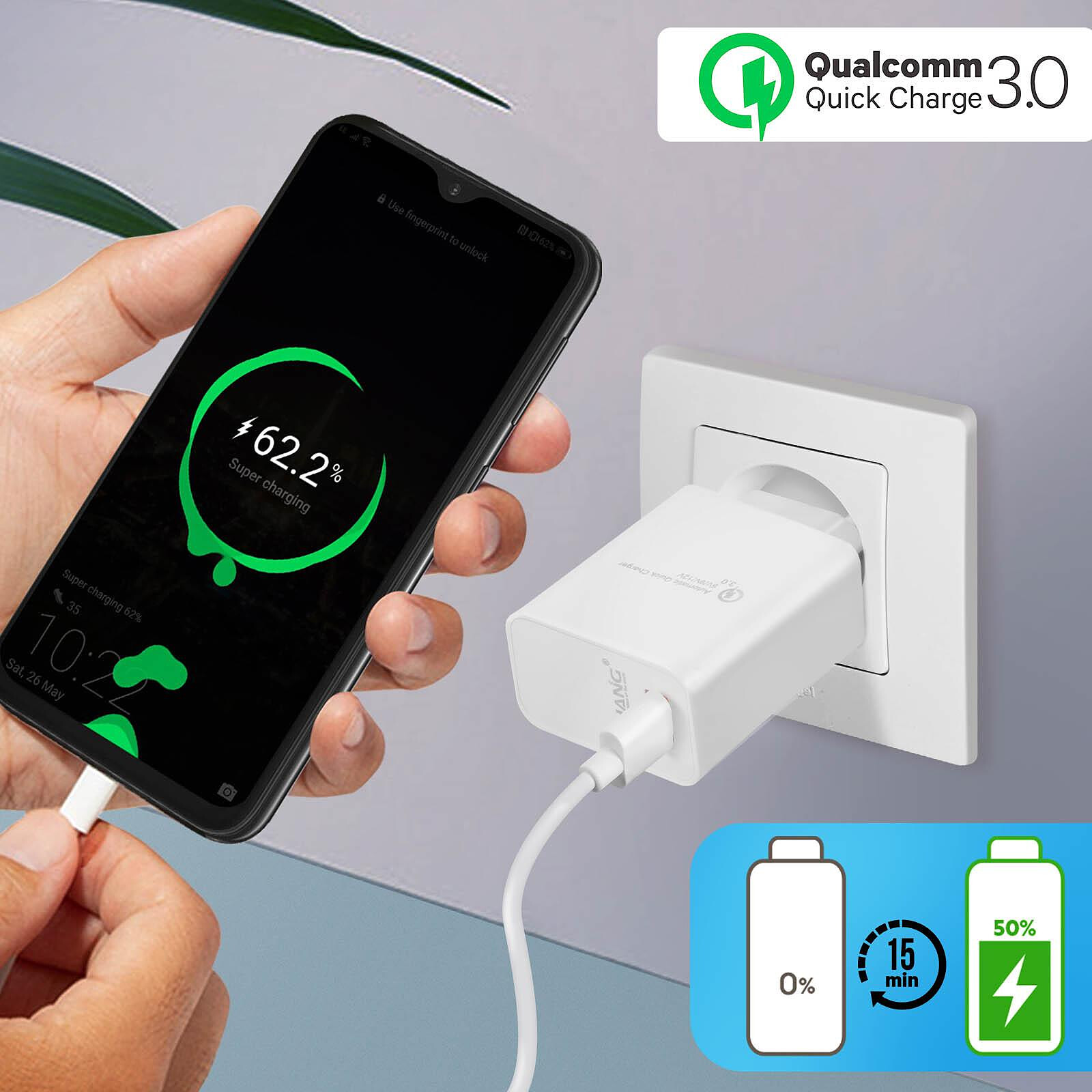 Chargeur rapide Qualcomm® Quick Charge™ 3.0, USB-A 19,5 W, blanc