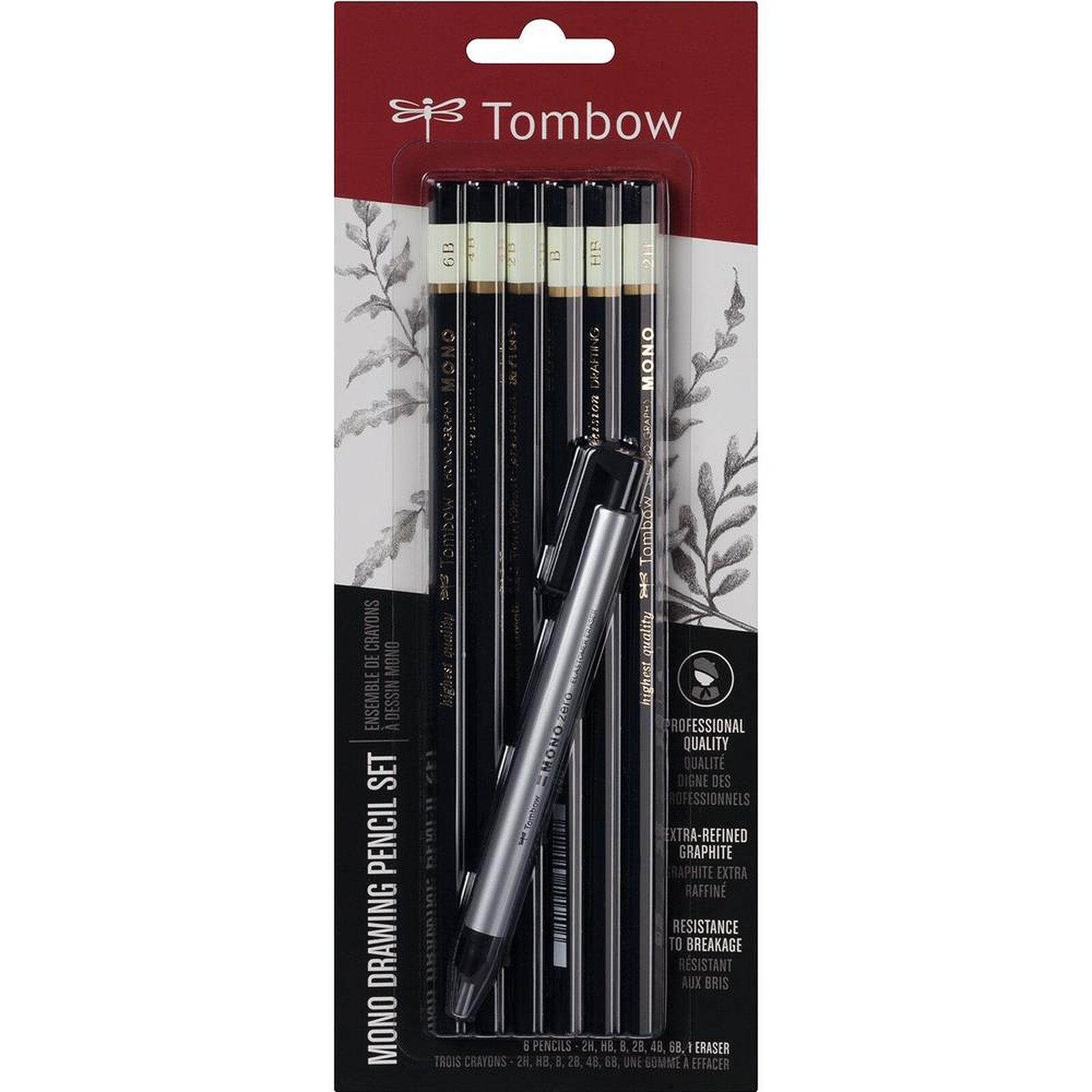 TOMBOW Set de 6 Crayons Graphite Haute Qualité MONO 2H, HB, B, 2B, 4B, 6B +  porte-gomme - Crayon & porte-mine - LDLC