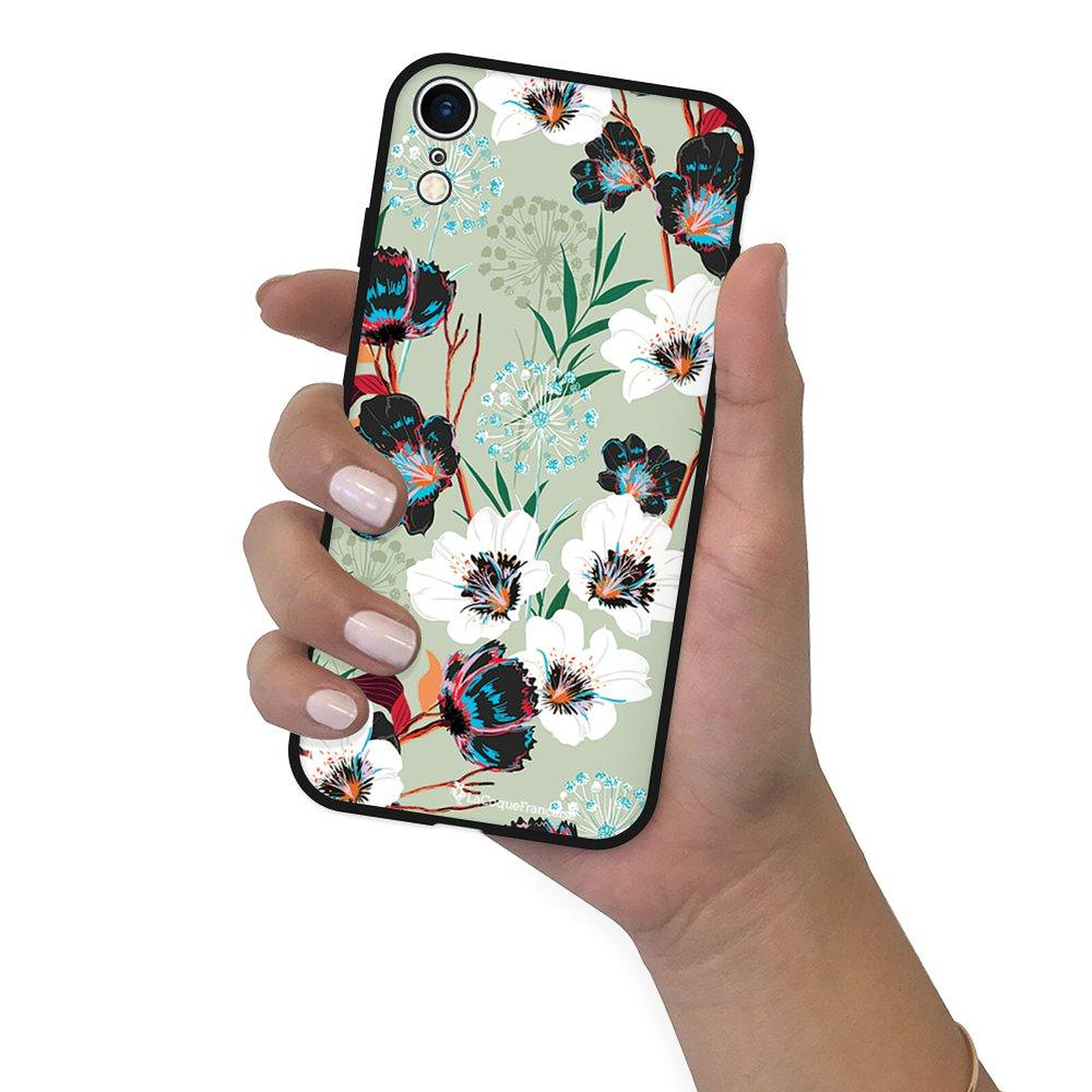 LaCoqueFrançaise Coque iPhone Xr Silicone Liquide Douce noir Fleurs vert d' eau - Coque téléphone - LDLC